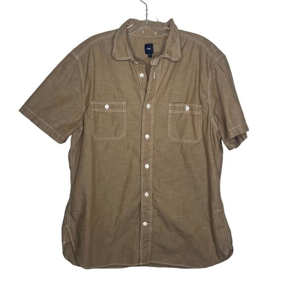 GAP Mens Shirt Size L Light Brown Short Sleeve Collared Button Down Unlined - Picture 1 of 15